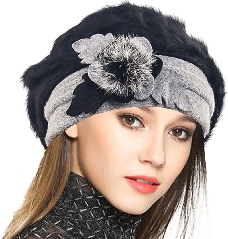 VECRY Lady French Beret 100% Wool Beret Floral Dress Beanie Winter Hat - Image 1